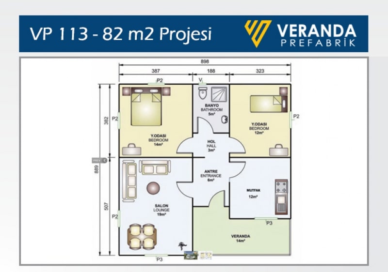 VP 113 - 82 m2  Kare Mutfaklı Prefabrik Ev 2. Fotoğrafı