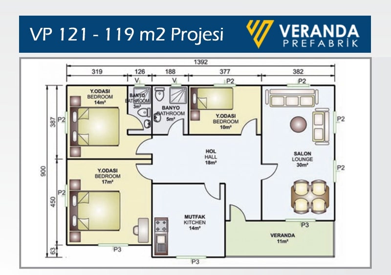 VP 121 - 119 m2 Ebebeyn Banyolu Prefabrik Ev 2. Fotoğrafı