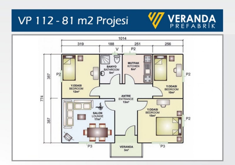 VP 112 - 81 m2 3+1 Prefabrik Ev 2. Fotoğrafı