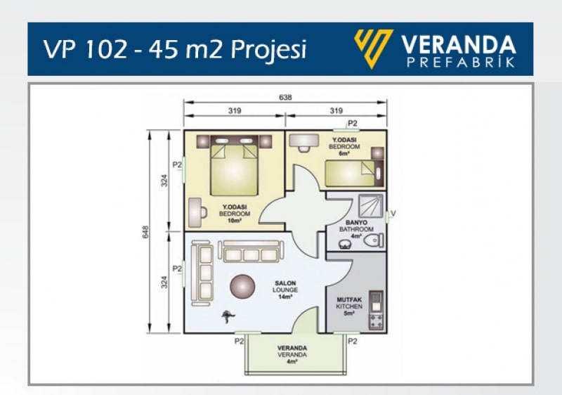 VP 102 45 m2 Tek Katlı Prefabrik Ev Veranda Prefabrik