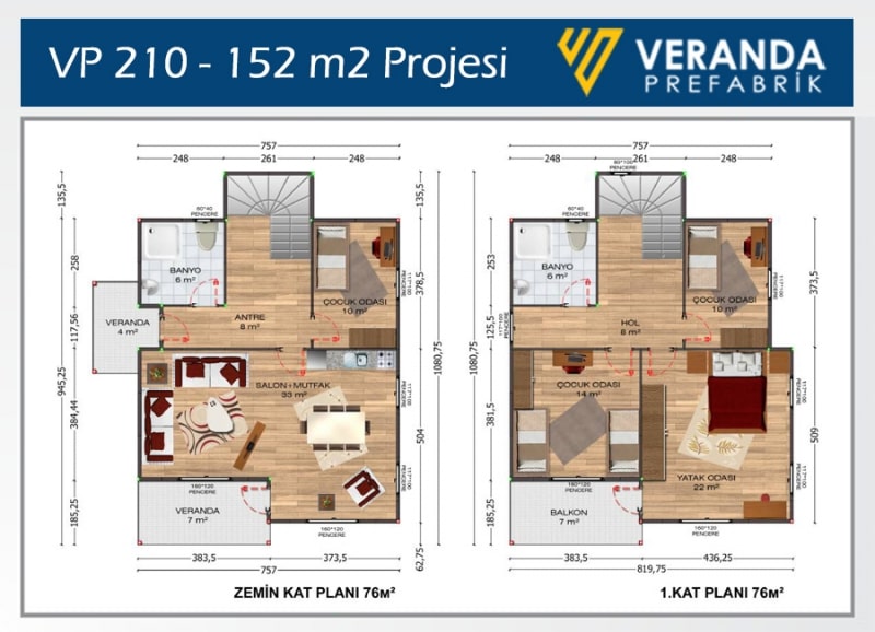 VP 210 - 142 m2 2 Katlı Prefabrik Ev 2. Fotoğrafı