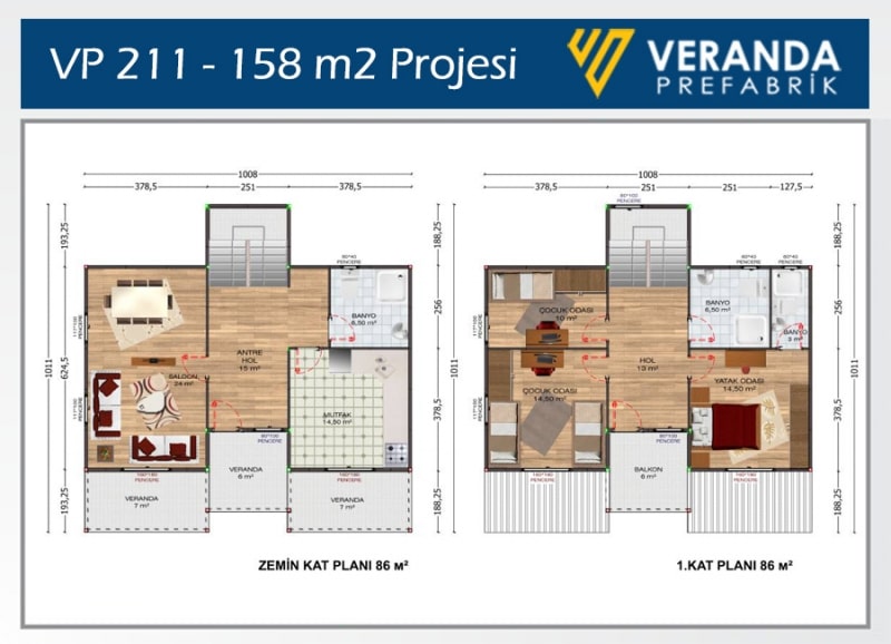 VP 211 - 158 m2 2 Katlı Prefabrik Ev 2. Fotoğrafı